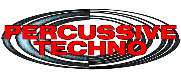 Percussive Techno logo with bold red text and elliptical design.