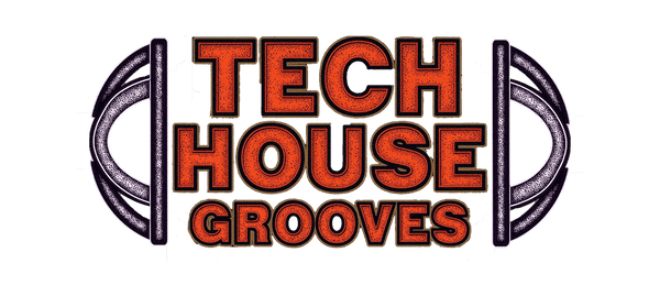 Tech-House Grooves logo with bold orange text and abstract speaker design.