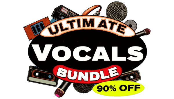 Ultimate Vocals Bundle banner with microphones and cassette icons, 90% off promotion.