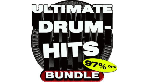 Ultimate Drum-Hits Bundle logo with 97% off offer for electronic music production.