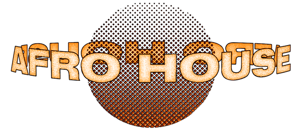 Afro House logo with retro design and dotted gradient background.