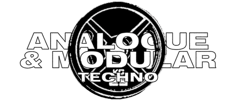 Analogue and Modular Techno logo design with crossed lines.