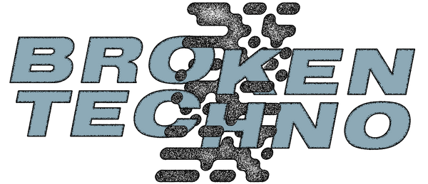 Broken Techno text with abstract digital glitch effect.