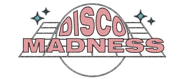 Disco Madness logo with pink sparkling text and retro design.