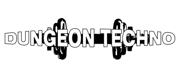 Dungeon Techno logo with stylized text and graphic elements.