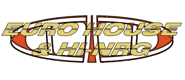 Euro House & Hi-NRG text logo design with abstract orange shapes.