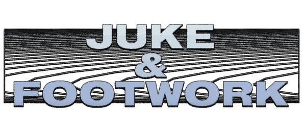 Juke & Footwork graphic design logo with dynamic line pattern background.