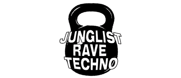 Junglist Rave Techno graphic logo featuring bold text on a stylized object.