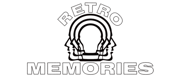 Retro Memories logo with stylized head silhouettes and curved lines.
