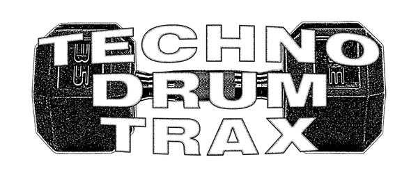 Techno Drum Trax logo in black text, featuring unique, stylized elements for underground techno music production.